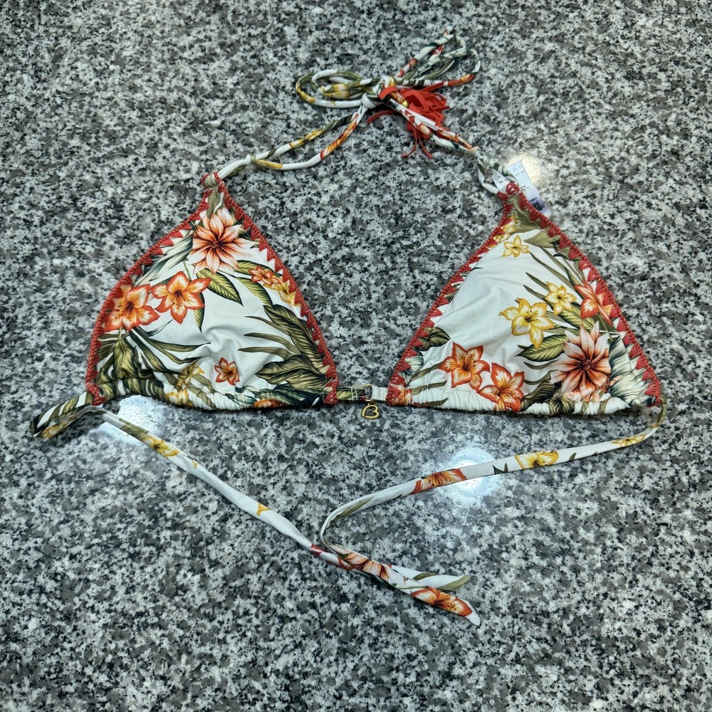 Banana Moon‎ Bikini Top Womens XL White Red Floral Triangle Swimwear Heart Charm